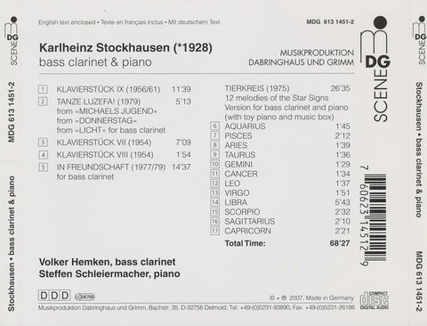 Stockhausen - Volker Hemken, Steffen Schleiermacher - Bass Clarinet & Piano