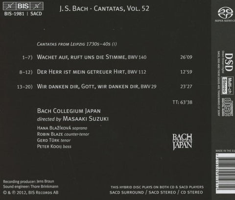 Johann Sebastian Bach, Bach Collegium Japan, Masaaki Suzuki - Cantatas 52: ►29 ►112 ►140 (Wachet Auf, Ruft Uns Die Stimme)