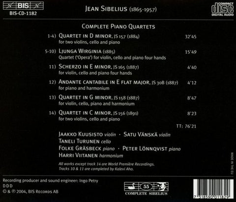 Jean Sibelius / Folke Gräsbeck, Jaakko Kuusisto, Satu Vänskä, Taneli Turunen, Peter Lönnqvist, Harri Viitanen - Complete Piano Quartets